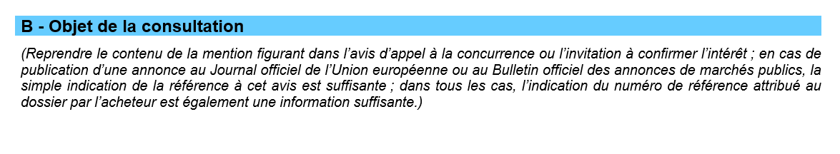 extrait du DC1 pour appel d'offres rubrique consultation