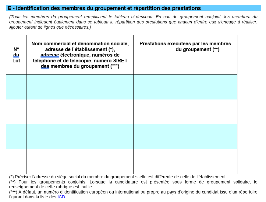 extrait du DC1 pour appel d'offres rubrique groupement