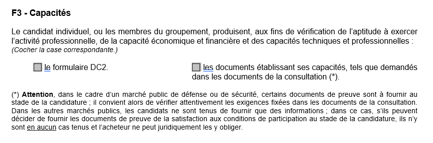 extrait du DC1 pour appel d'offre rubrique capacités