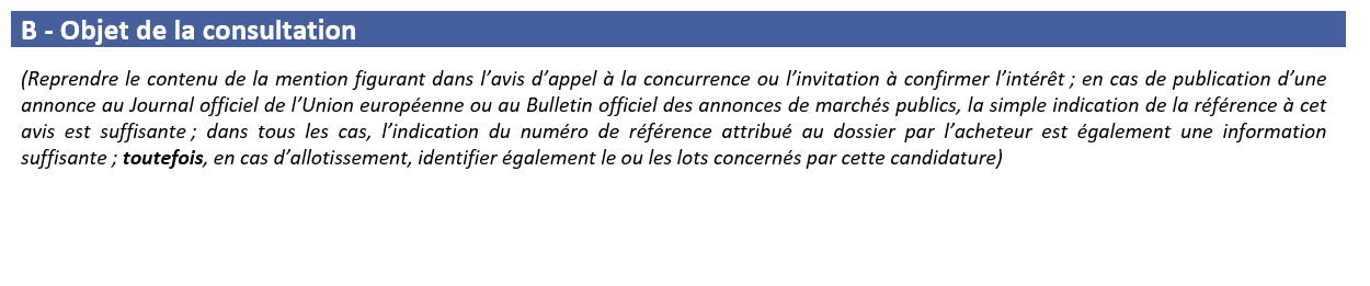 extrait du DC2 pour appel d'offre rubrique objet de la consultation