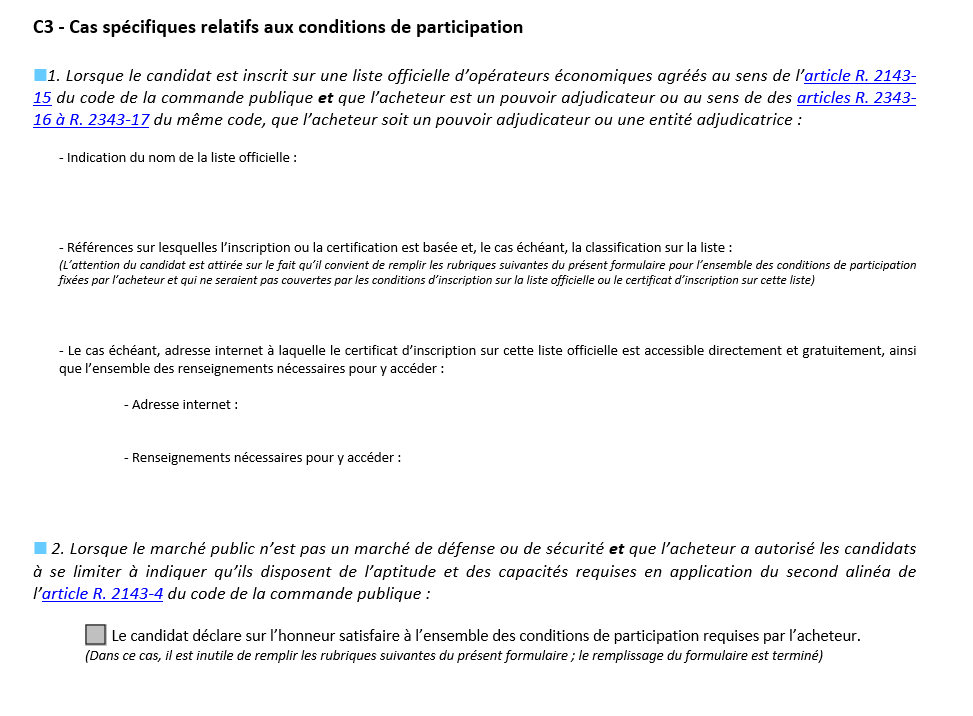 extrait du DC2 pour appel d'offre rubrique cas spécifiques aux conditions de participation à l'appel d'offres