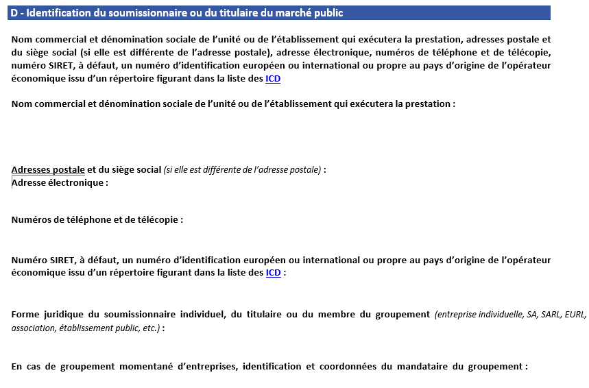 extrait du DC4 pour appel d'offre rubrique soumissionnaire titulaire