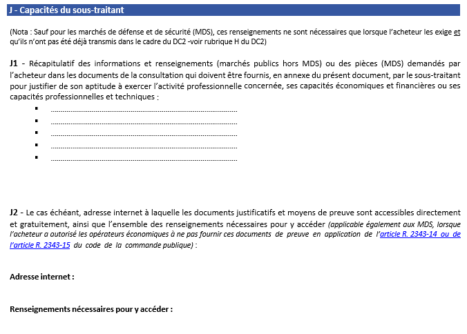 extrait du DC4 pour appel d'offre rubrique capacité du sous traitant