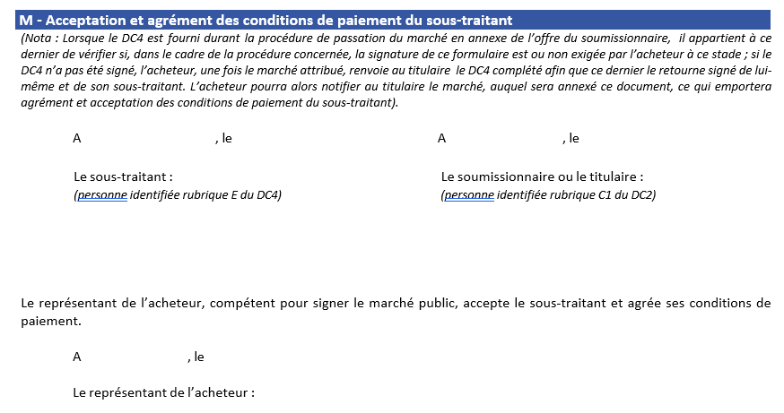 extrait du DC4 pour appel d'offre rubrique conditions de paiement